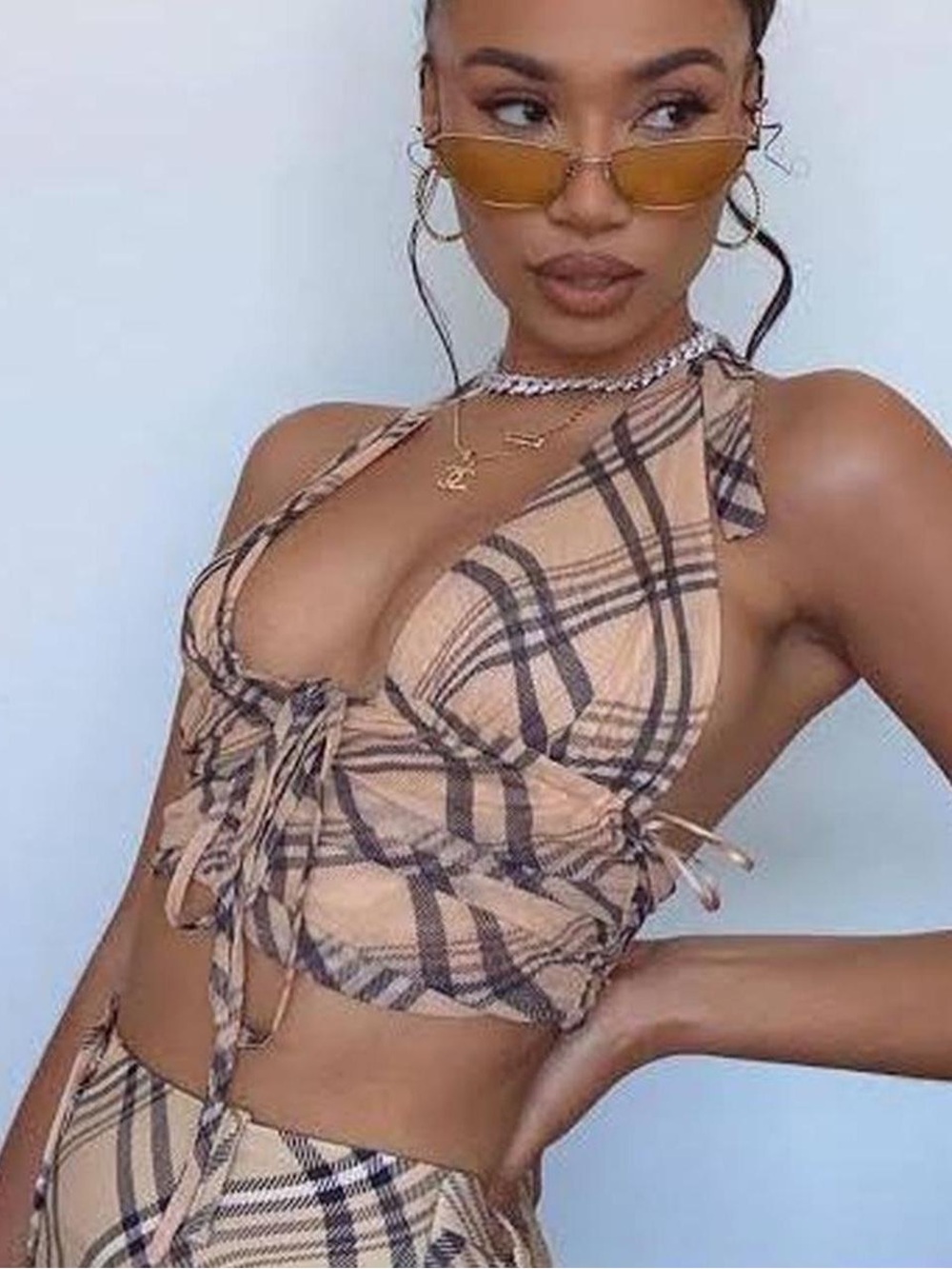 I am Gia plaid brown halter crop top